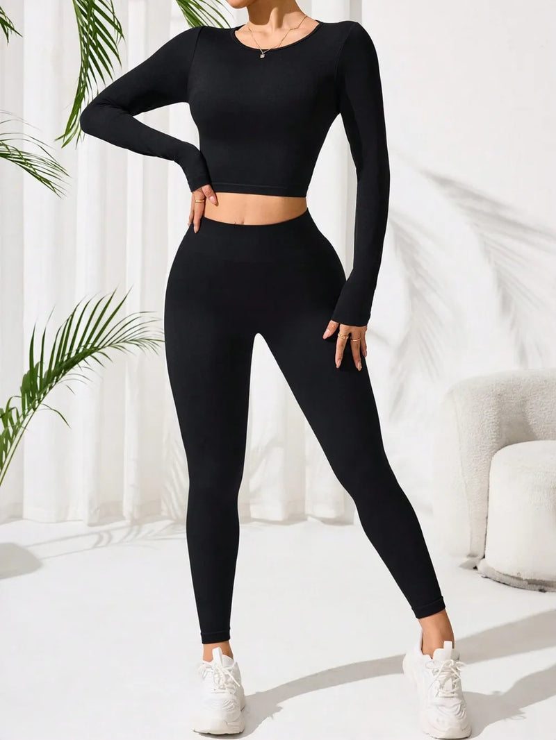 Lace-Up Back Round Neck Top and Leggings Active Set