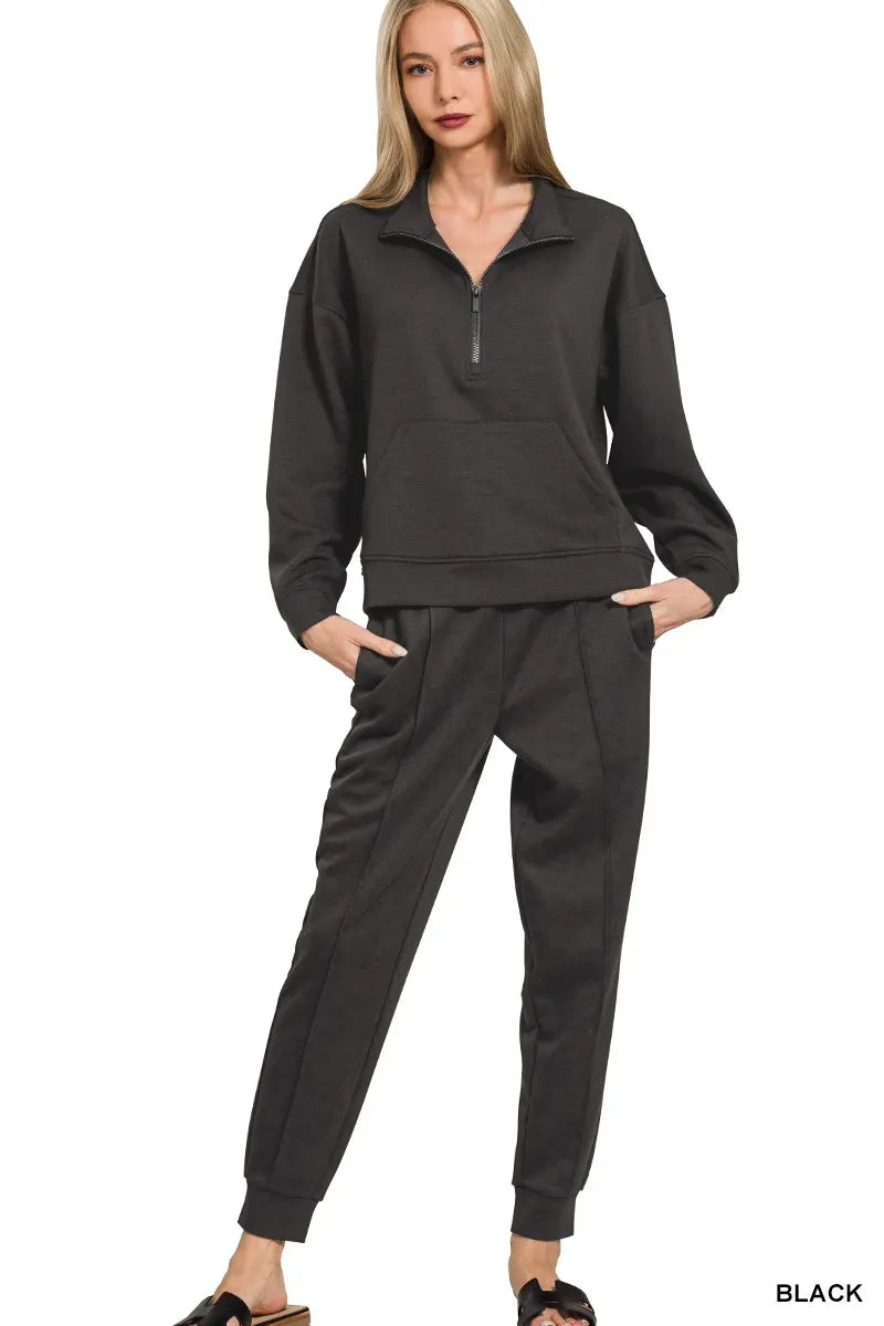 Zenana Scuba Half Zip Sweatshirt and Joggers Set