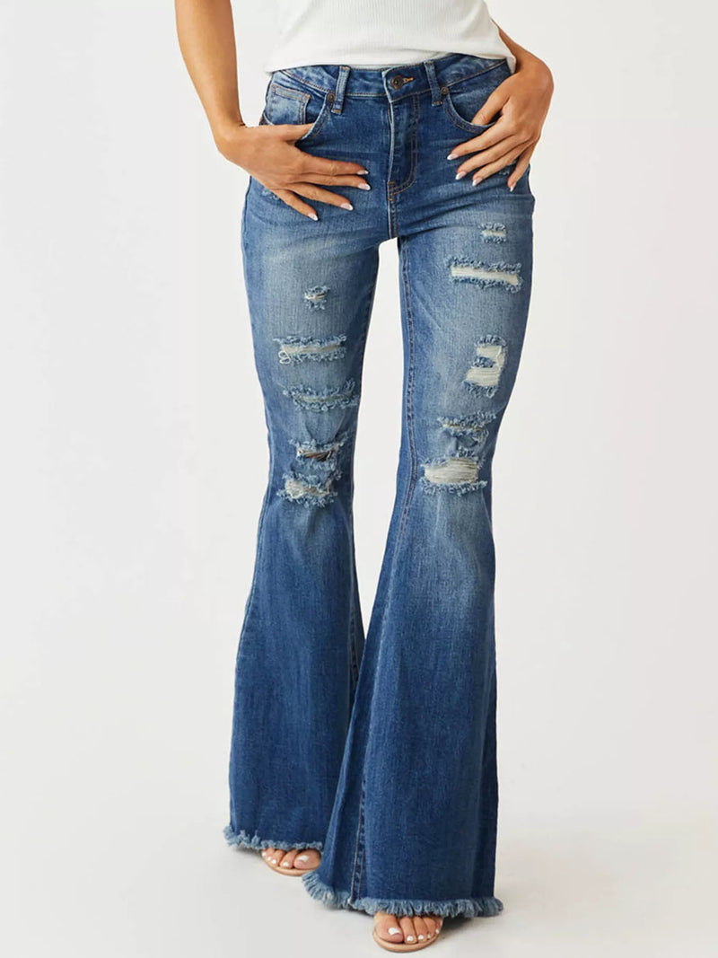 Distressed Raw Hem High-Waisted Flare Jeans