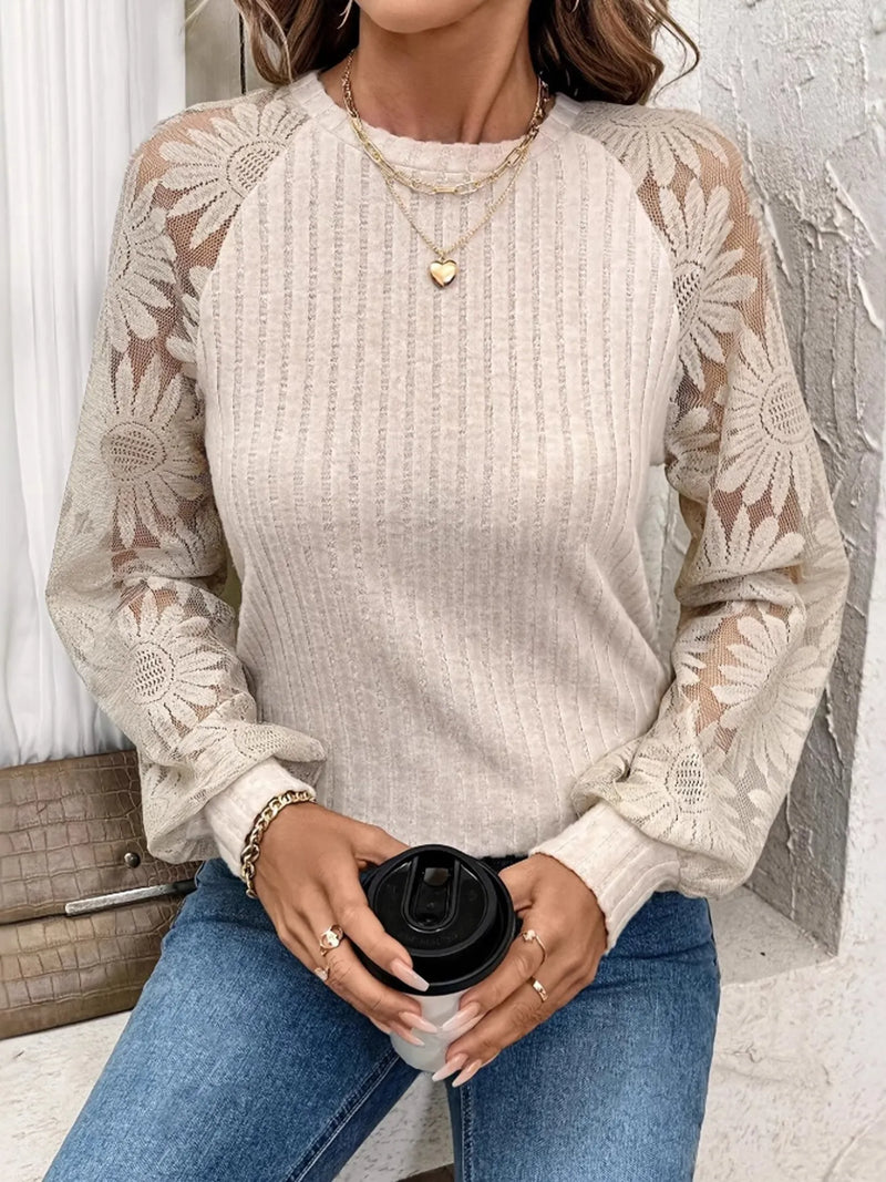 Ribbed Sheer Lace Sleeve Top
