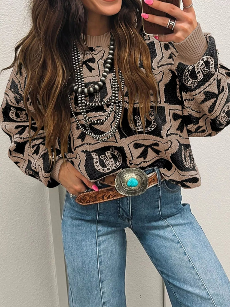 Bows & Horseshoes Pattern Round Neck Sweater