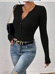 Rib-Knit Button-Front Knit Top
