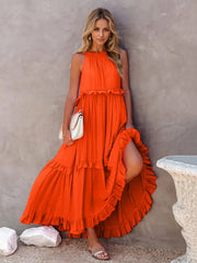 Ruffled Sleeveless Tiered Maxi Dress Pocketed