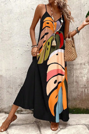 Tropical Leaf Print V-Neck Maxi Cami Dress