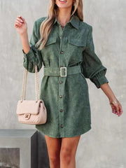 Button-Front Belt Long-Sleeve Corduroy Dress