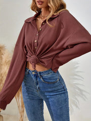 Button-Front Waffle Knit Polo Sweatshirt