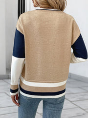 Color-Block Round-Neck Sweater with Ribbed Trim