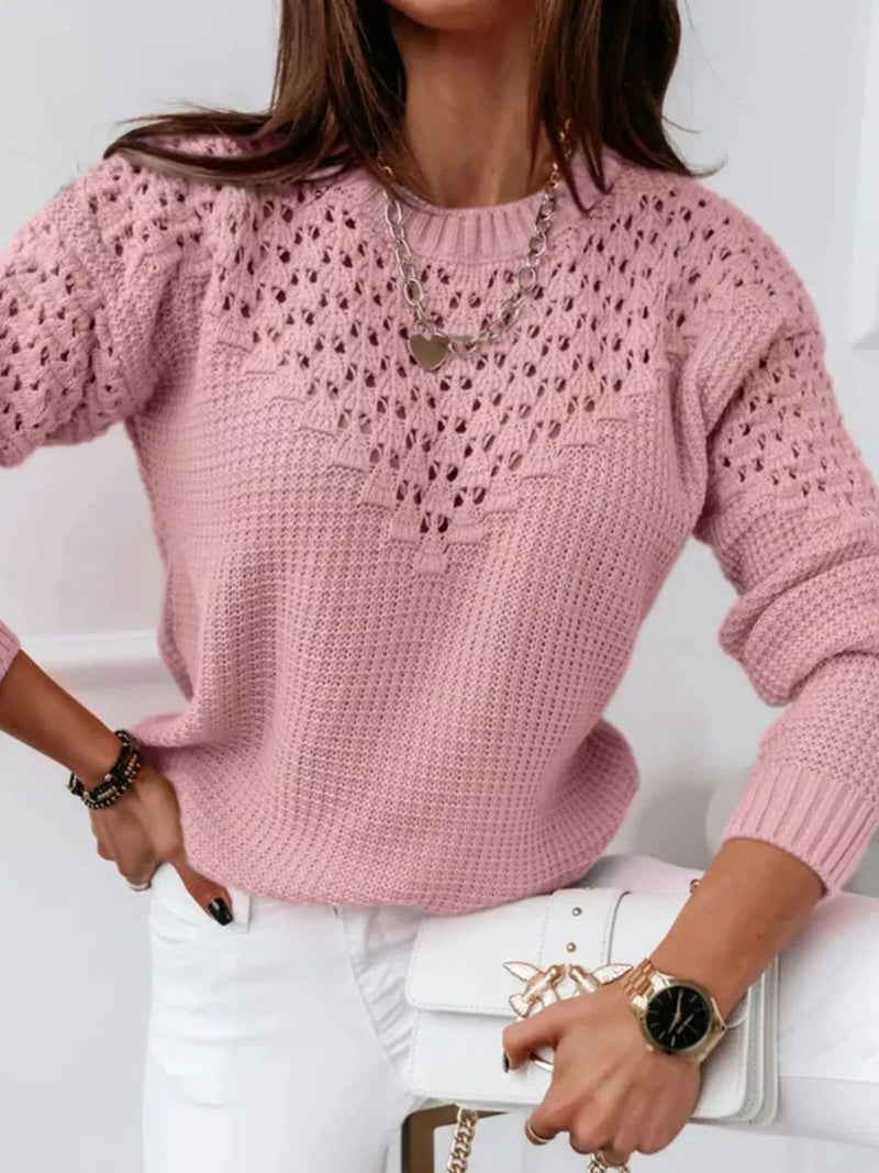 Textured Openwork Round-Neck Sweater