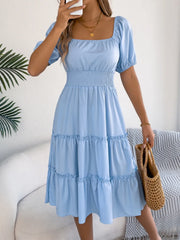 Square-Neck Short Puff Sleeve Dress