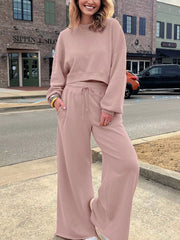 Drop-Shoulder Puff Sleeve Crop Top and Drawstring Wide-Leg Pants Set