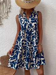 Printed Notched Sleeveless Mini Dress - Plus Size