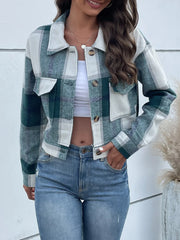 Plaid Button-Up Drop-Shoulder Cropped Jacket