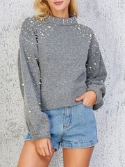 Pearl-Embellished Mock-Neck Sweater