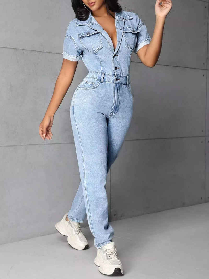 Button Front Short Sleeve Denim Jumpsuit