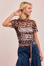 BiBi High Neck Leopard Mesh Short-Sleeve Top