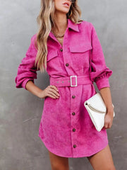 Button-Front Belt Long-Sleeve Corduroy Dress