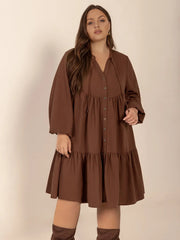 Tie Neck Balloon Sleeve Tiered Dress - Plus Size