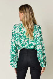 Printed Ruffle Trim Balloon Sleeve Shirt - Plus Size