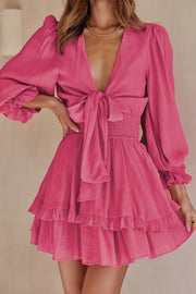 Tie-Front Ruffle Mini Dress with Smocked Wiast