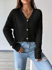 Rib-Knit Button-Up Cropped Cardigan