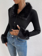 Faux Fur Trim Rib-Knit Cropped Cardigan