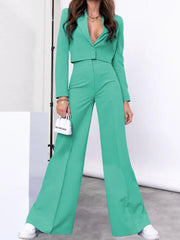 Lapel Collar Cropped Top and Wide-Leg Pants Set