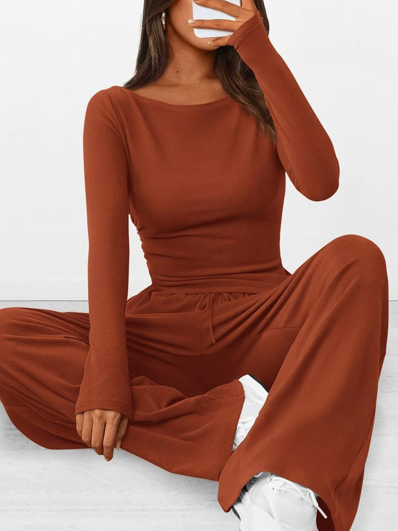Round-Neck Long-Sleeve Top and Pants Set