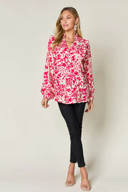 Printed Ruffle Trim Balloon Sleeve Shirt - Plus Size