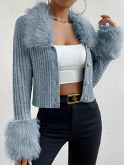 Faux Fur Trim Rib-Knit Cropped Cardigan