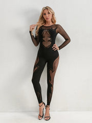 Fishing Net Sheer Long-Sleeve Jumpsuit