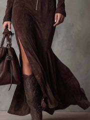 Zipper Front Long-Sleeve Slit Maxi Dress - Plus Size