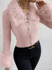 Faux Fur Trim Rib-Knit Cropped Cardigan