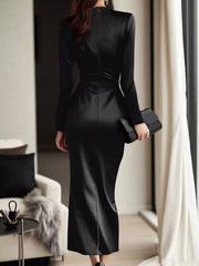 Satin Wrap Long-Sleeve Midi Dress