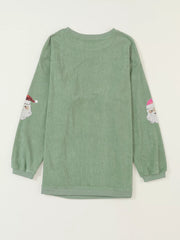Corded Ribbed Sequin Patched Santa Claus Graphic Sweatshirt