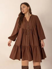 Tie Neck Balloon Sleeve Tiered Dress - Plus Size