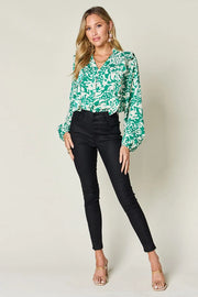 Printed Ruffle Trim Balloon Sleeve Shirt - Plus Size