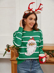 Sequin Santa Striped Round-Neck Long-Sleeve Sweater