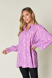 Printed Smocked Long-Sleeve Blouse - Plus Size