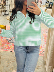 Stripe Quarter Zip Collar Long-Sleeve Top