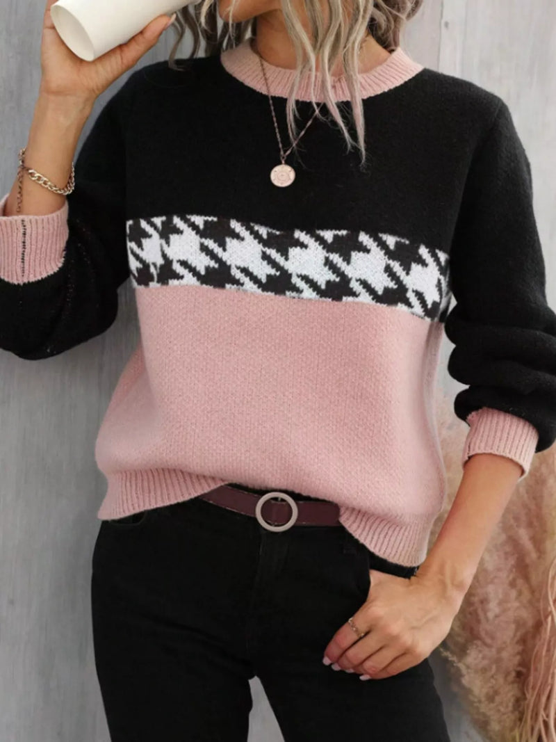 Color-Block Houndstooth Sweater