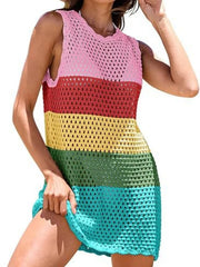 Color-Block Openwork Sleeveless Cutout Back Cover-Up