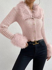 Faux Fur Trim Rib-Knit Cropped Cardigan