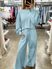 Drop-Shoulder Puff Sleeve Crop Top and Drawstring Wide-Leg Pants Set