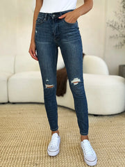 Judy Blue Mid Waist Distressed Slim Jeans - Plus Size