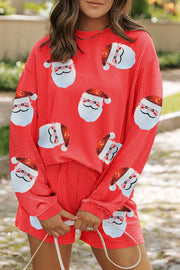 Sequin Santa Round-Neck Long-Sleeve Top and Shorts Set