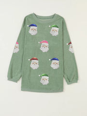 Corded Ribbed Sequin Patched Santa Claus Graphic Sweatshirt
