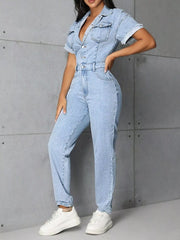 Button-Front Short-Sleeve Denim Jumpsuit