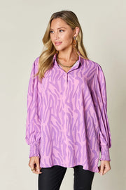Printed Smocked Long-Sleeve Blouse - Plus Size