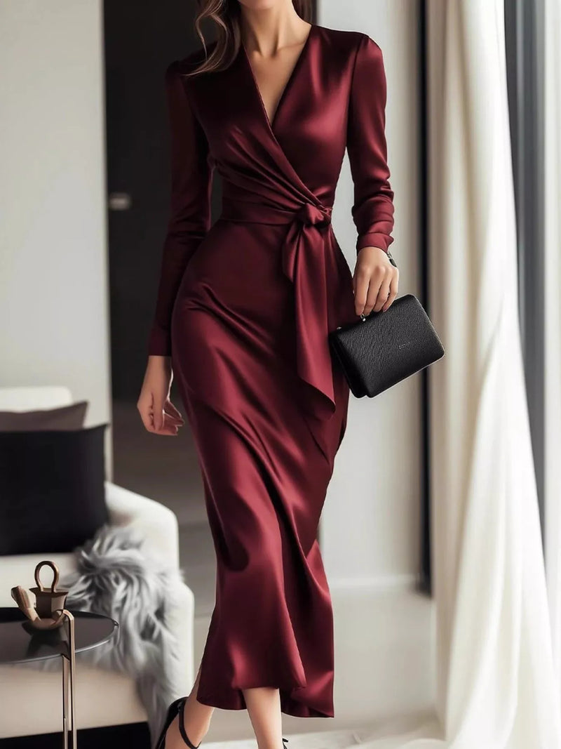 Satin Wrap Long-Sleeve Midi Dress
