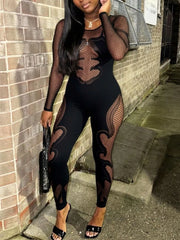 Fishing Net Sheer Long-Sleeve Jumpsuit